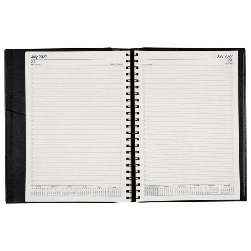 Cumberland Norwich Diary 2027 A4 Day To A Page Black opened to show the printed day to a page interior pages and the dated planning grid.