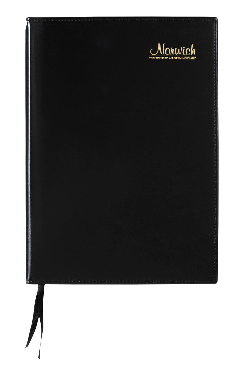 Cumberland Norwich Diary 2027 A4 Week To View Black shown front on, the black cover, closed flat against a plain background.
