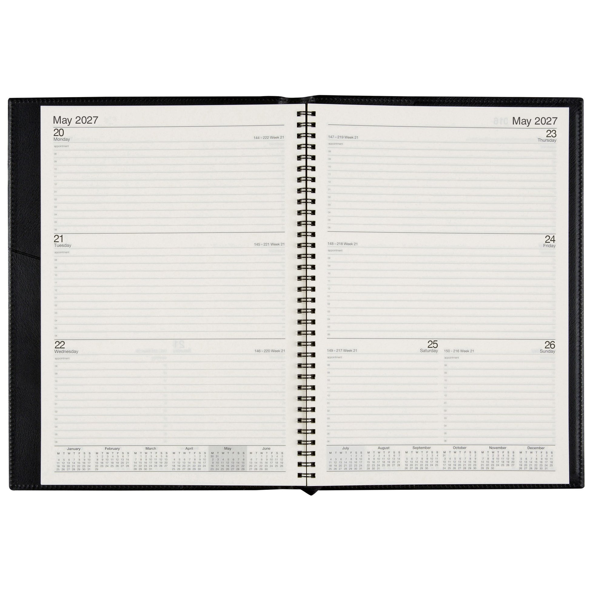 Cumberland Norwich Diary 2027 A4 Week To View Black opened to show the printed week to view interior pages and the dated planning grid.