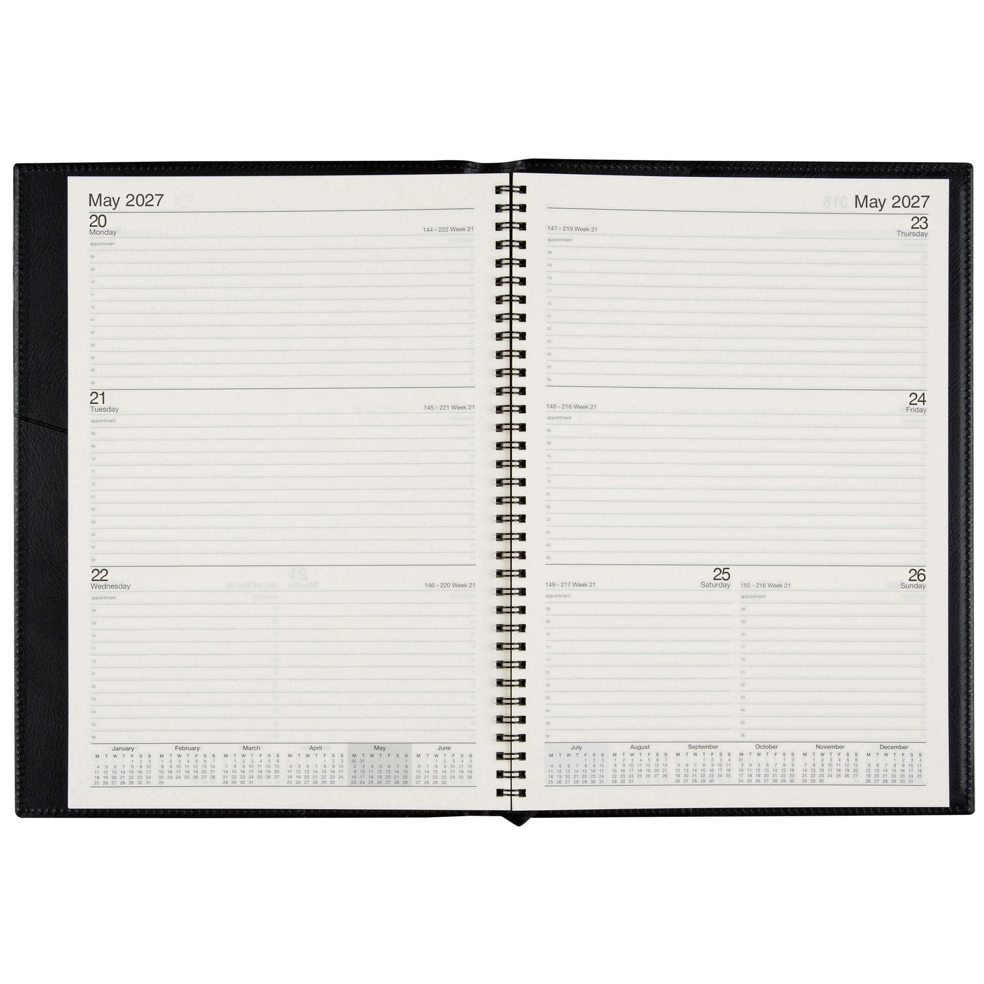 Cumberland Norwich Diary 2027 A4 Week To View Black opened to show the printed week to view interior pages and the dated planning grid.