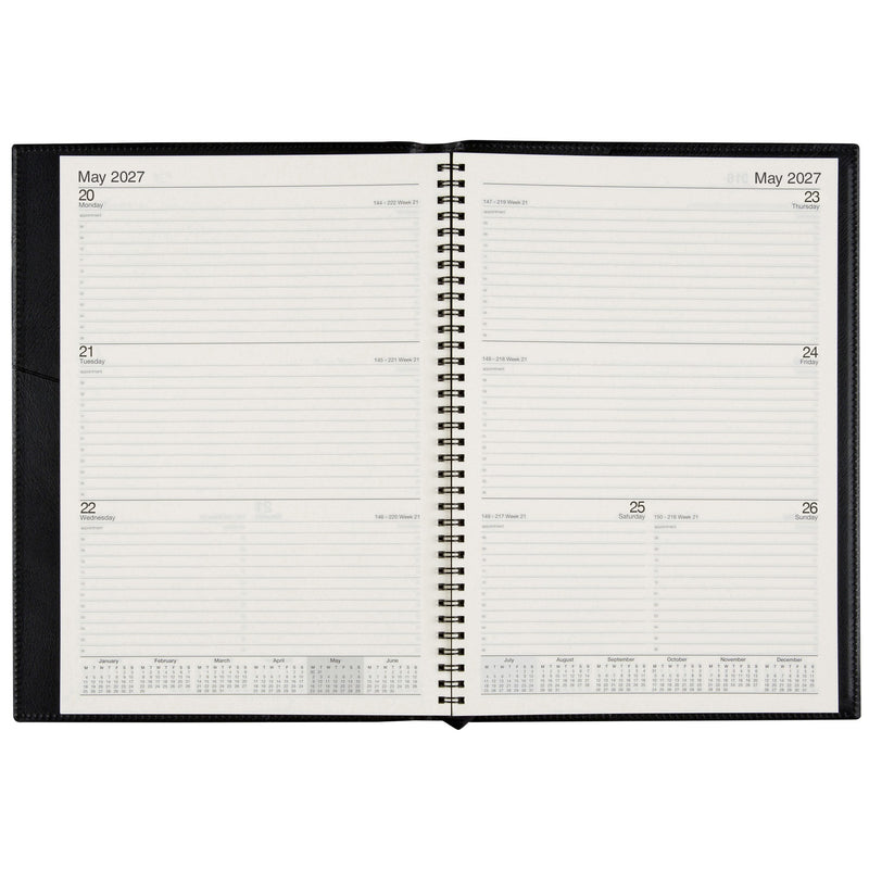 Cumberland Norwich Diary 2027 A4 Week To View Black opened to show the printed week to view interior pages and the dated planning grid.