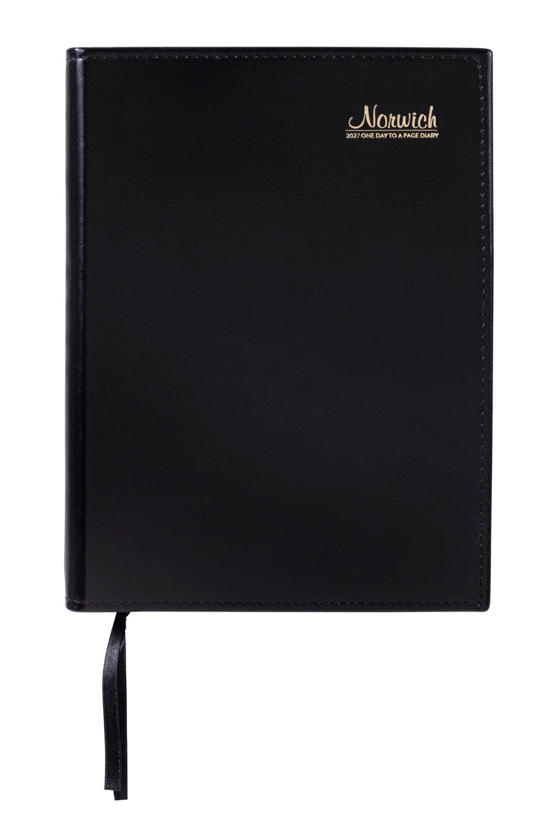 Cumberland Norwich Diary 2027 A5 Day To A Page Black shown front on, the black cover, closed flat against a plain background.