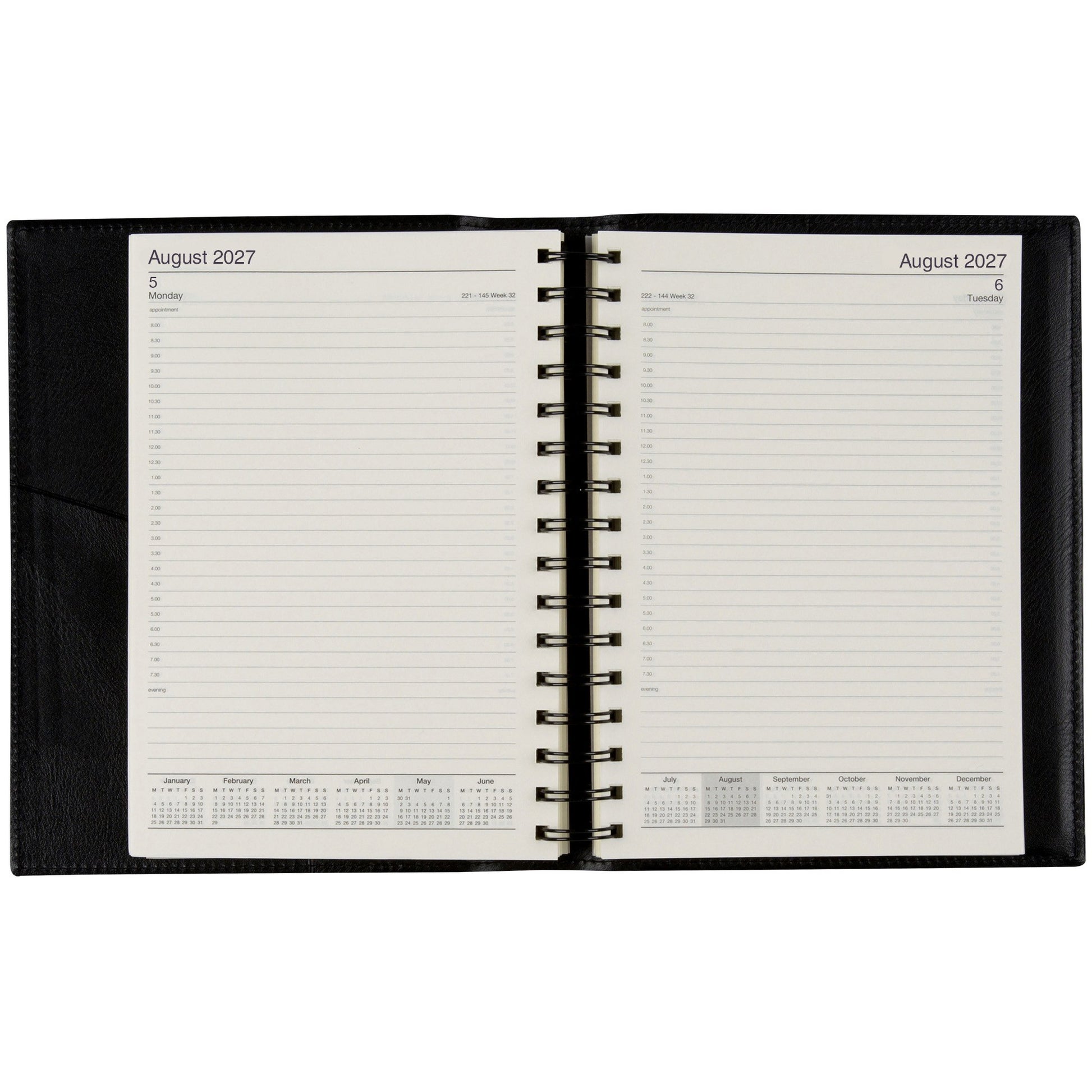 Cumberland Norwich Diary 2027 A5 Day To A Page Black opened to show the printed day to a page interior pages and the dated planning grid.