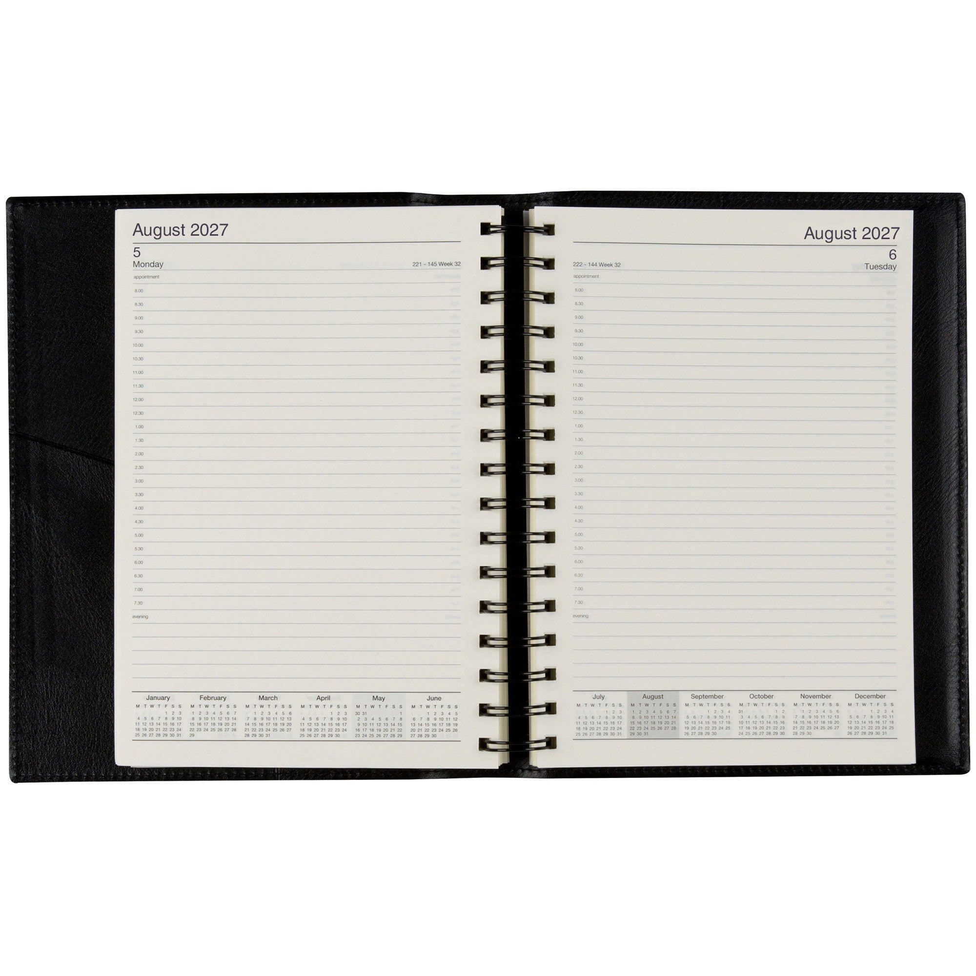 Cumberland Norwich Diary 2027 A5 Day To A Page Black opened to show the printed day to a page interior pages and the dated planning grid.