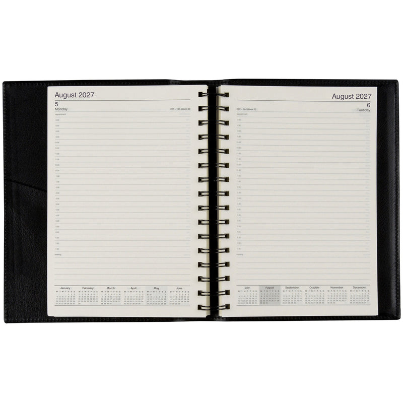 Cumberland Norwich Diary 2027 A5 Day To A Page Black opened to show the printed day to a page interior pages and the dated planning grid.