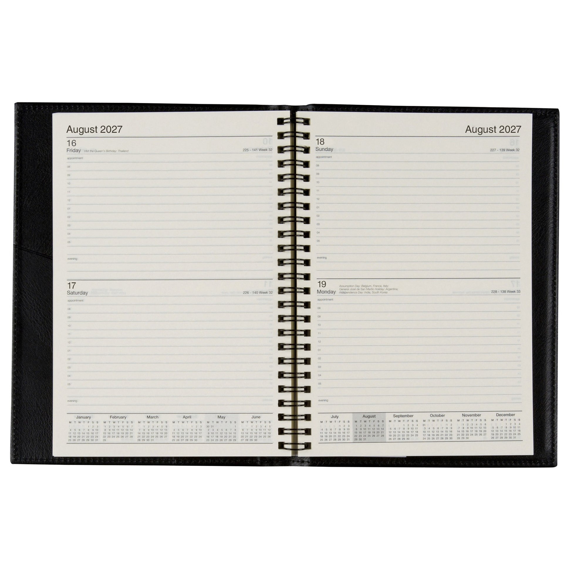 Cumberland Norwich Diary 2027 A5 2 Days To A Page Black opened to show the printed 2 days to a page interior pages and the dated planning grid.
