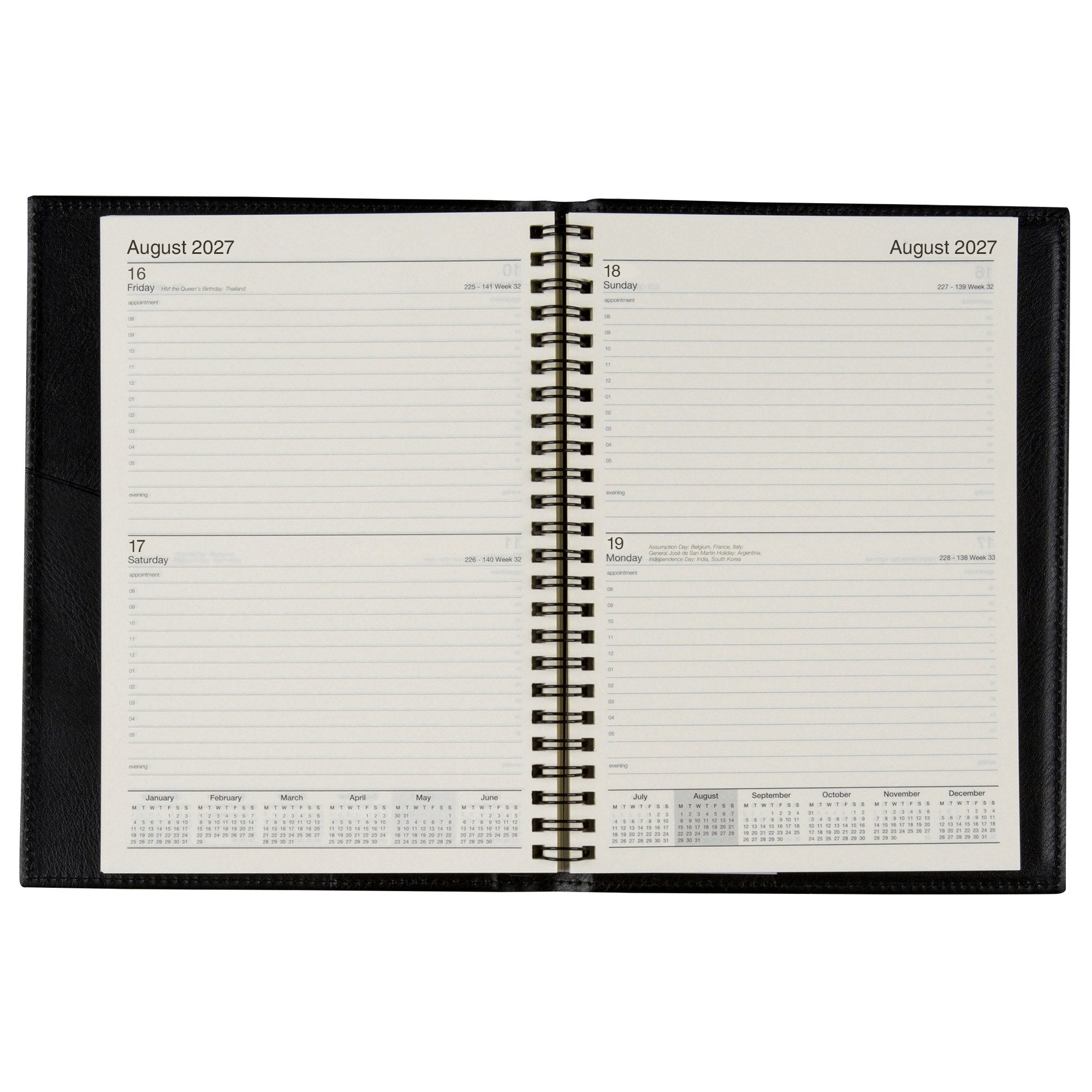 Cumberland Norwich Diary 2027 A5 2 Days To A Page Black opened to show the printed 2 days to a page interior pages and the dated planning grid.