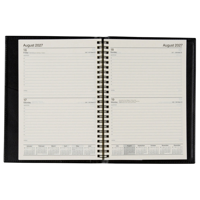 Cumberland Norwich Diary 2027 A5 2 Days To A Page Black opened to show the printed 2 days to a page interior pages and the dated planning grid.