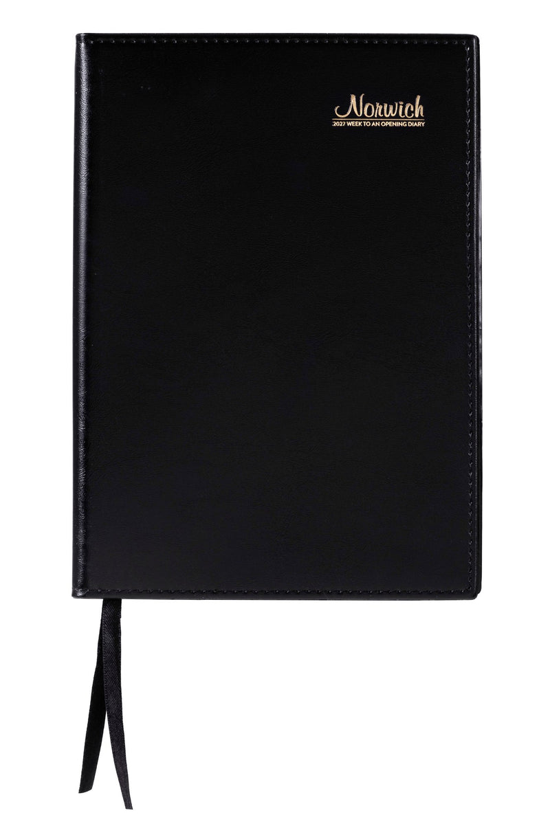 Cumberland Norwich Diary 2027 A5 Week To View Black shown front on, the black cover, closed flat against a plain background.