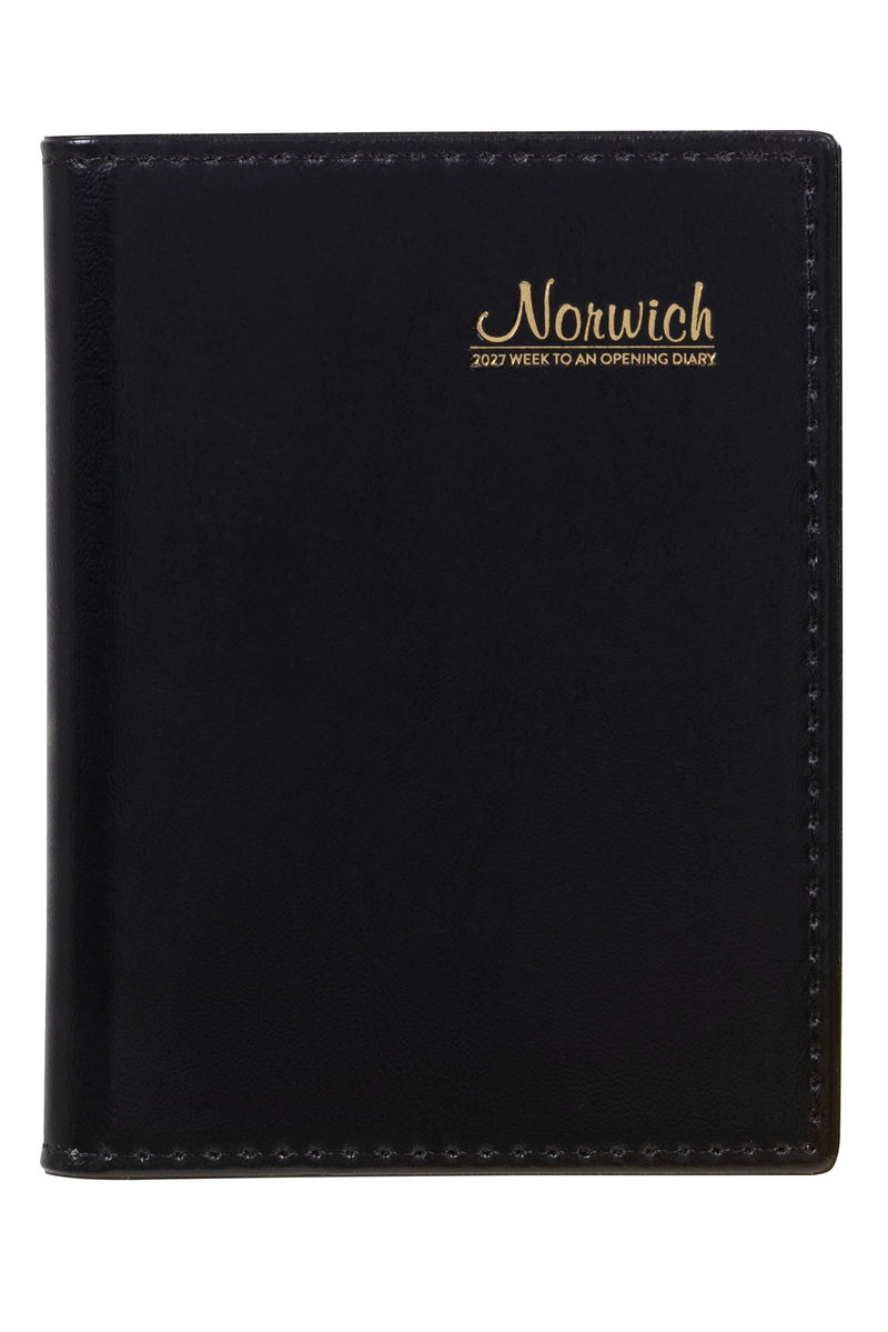 Cumberland Norwich Diary 2027 A7 Week To View Black shown front on, the black cover, closed flat against a plain background.