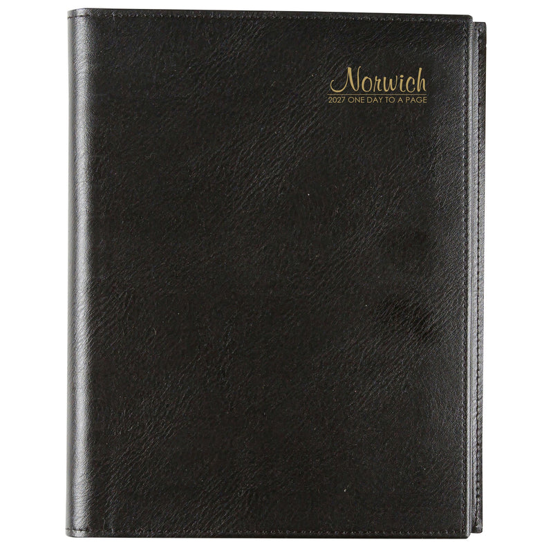 Cumberland Norwich Diary 2027 Quarto Day To A Page Black shown front on, the black cover, closed flat against a plain background.