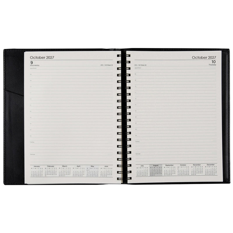 Cumberland Norwich Diary 2027 Quarto Day To A Page Black opened to show the printed day to a page interior pages and the dated planning grid.