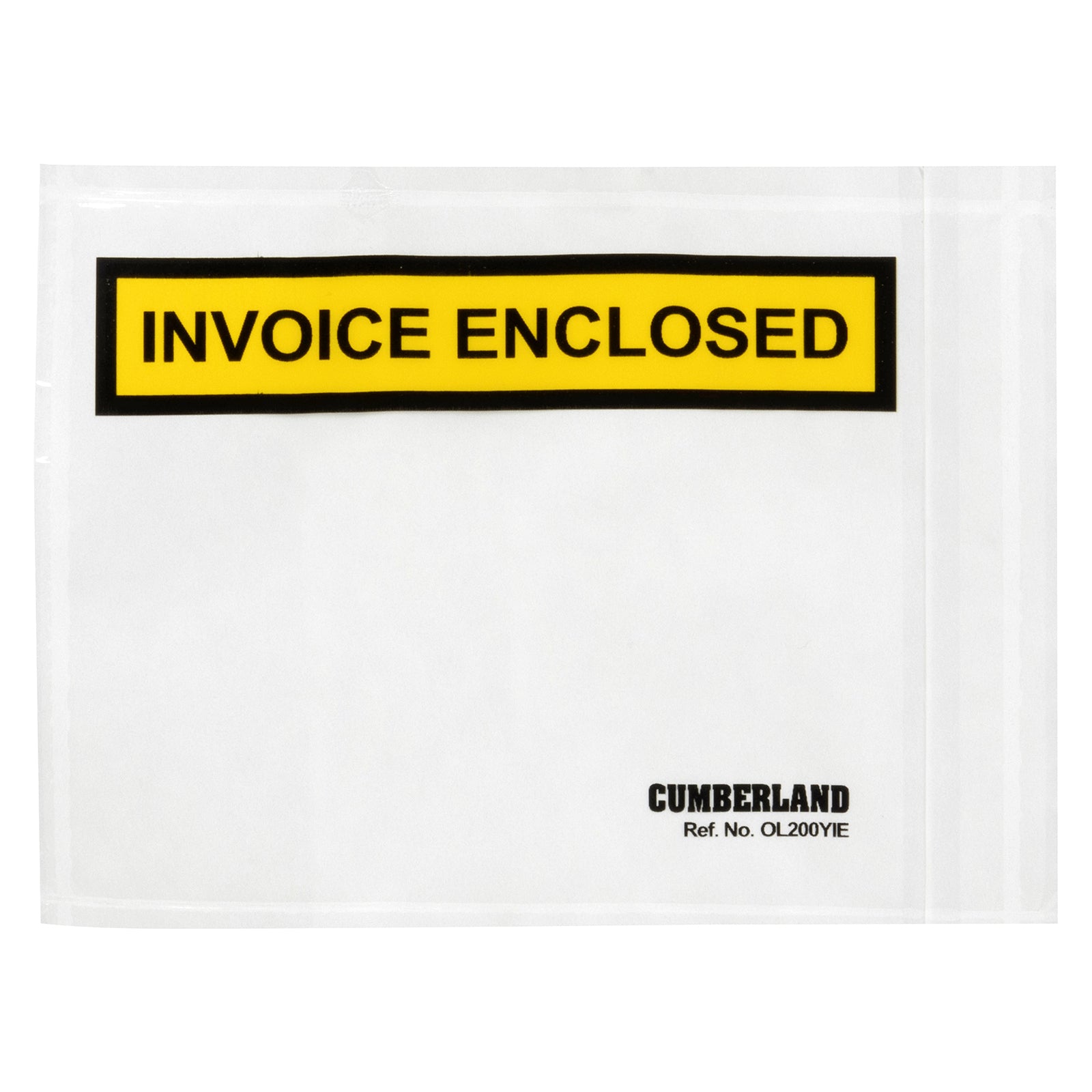 Close up front view of a single Cumberland Invoice Enclosed packaging envelope showing the bold yellow Invoice Enclosed message, durable transparent wallet construction and clean professional finish.