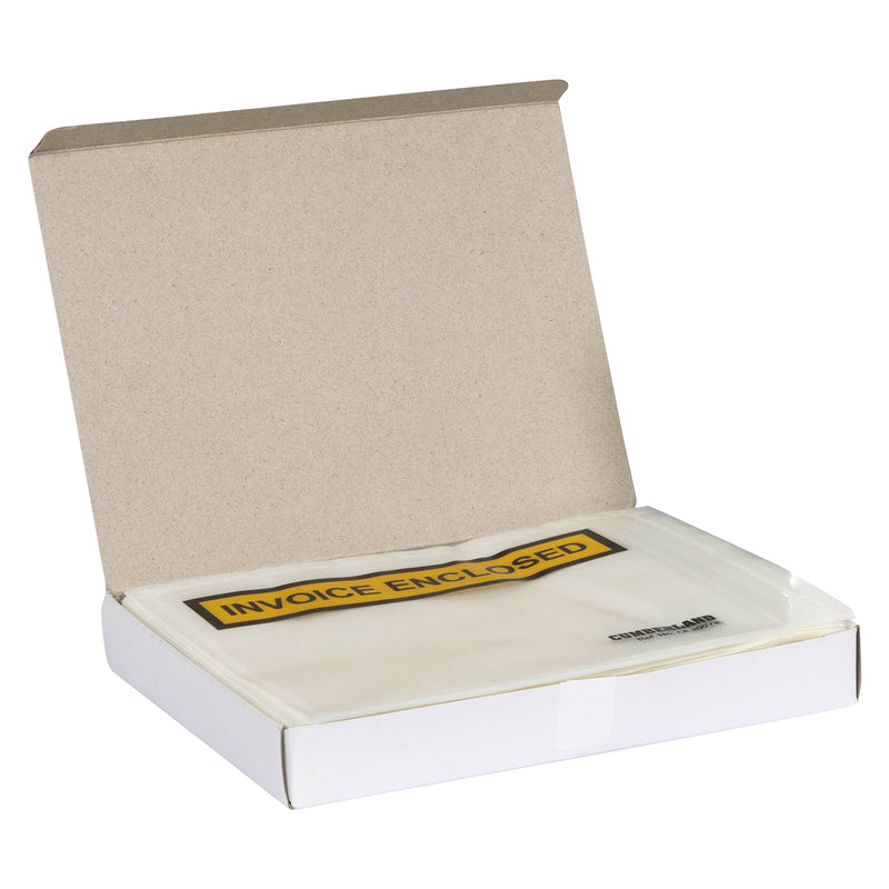 Open retail carton revealing neatly stacked Cumberland Invoice Enclosed packaging envelopes, illustrating the organised box of 100 ready for warehouse, office or dispatch department use.