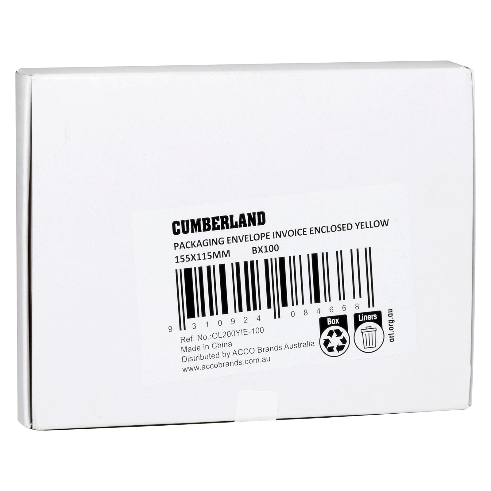 Rear view of the Cumberland packaging envelope retail box displaying product identification label, barcode and packaging information for the 155 x 115mm Invoice Enclosed envelopes.