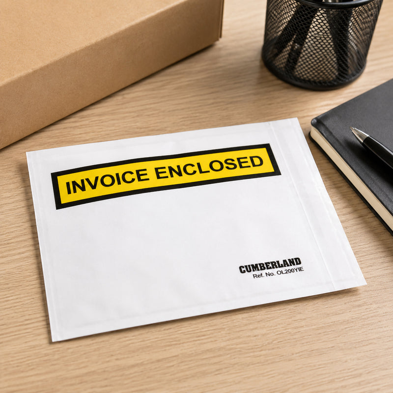 Single Cumberland Invoice Enclosed document wallet displayed beside a cardboard parcel, notebook and desktop accessories, showcasing the durable polyethylene construction and highly visible yellow Invoice Enclosed label for professional logistics use.
