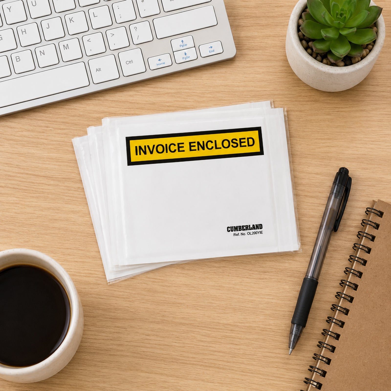 Top view of several Cumberland Invoice Enclosed packaging envelopes arranged neatly on a modern office desk beside a keyboard, notebook, coffee cup and pen, highlighting their bright yellow identification panel and convenient pack for shipping operations.