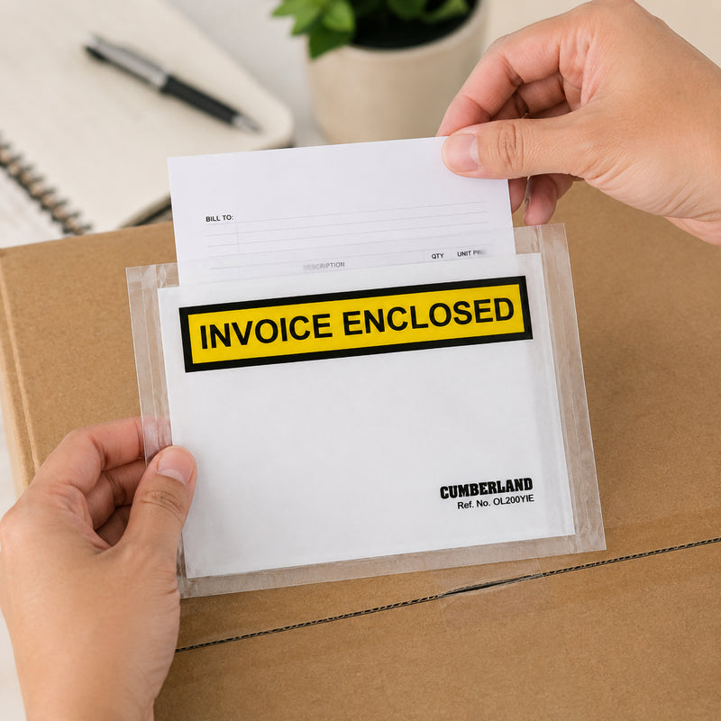 Hands placing a folded invoice into a Cumberland Invoice Enclosed packaging envelope before attaching it to a cardboard shipping carton, demonstrating secure document preparation for parcel dispatch in a professional office environment.