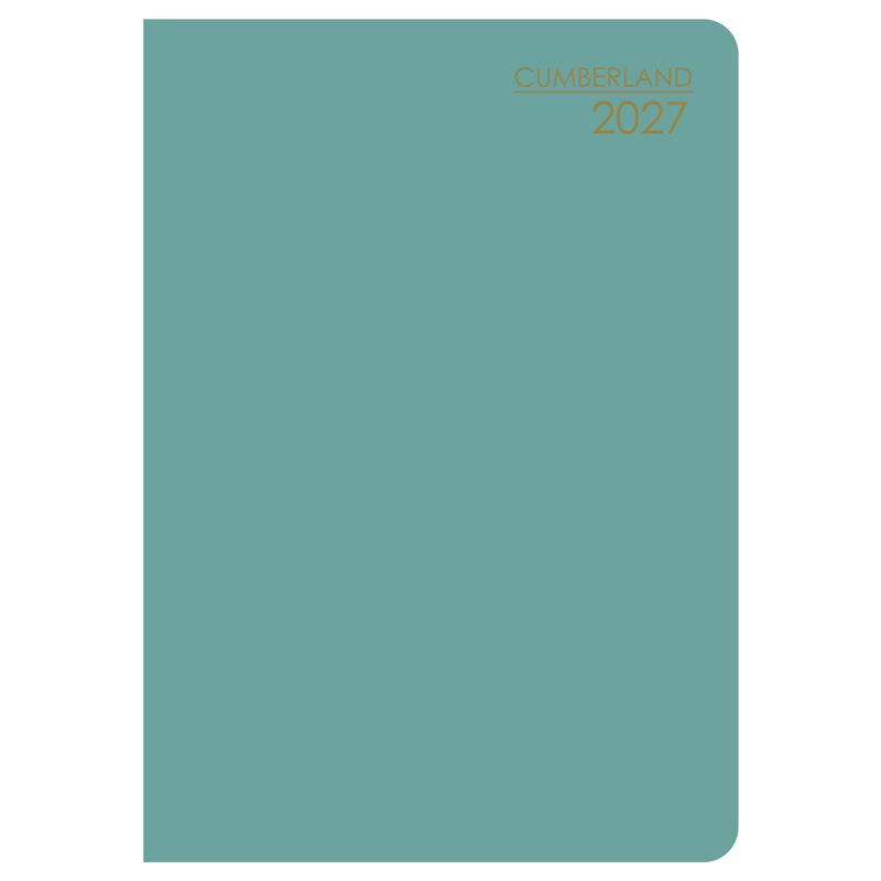Cumberland Pocket Diary 2027 A7 Week To View Assorted shown at a three quarter angle, the assorted cover colours, highlighting the cover finish and binding edge.