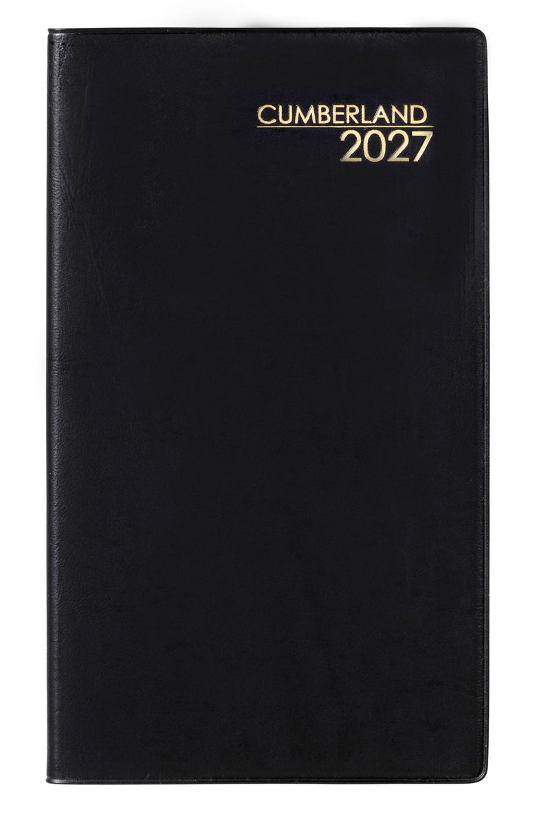 Cumberland Pocket Diary 2027 Slimline Week To View Black shown front on, the black cover, closed flat against a plain background.