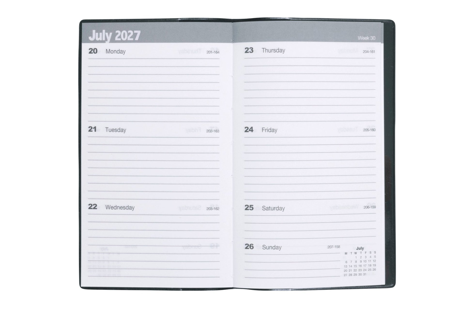 Cumberland Pocket Diary 2027 Slimline Week To View Black opened to show the printed week to view interior pages and the dated planning grid.