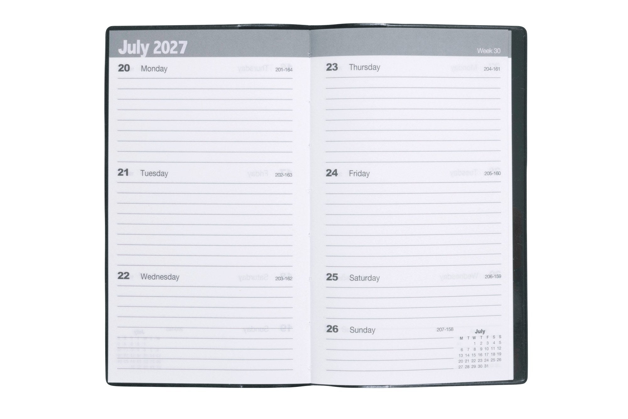 Cumberland Pocket Diary 2027 Slimline Week To View Black opened to show the printed week to view interior pages and the dated planning grid.