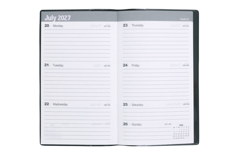 Cumberland Pocket Diary 2027 Slimline Week To View Black opened to show the printed week to view interior pages and the dated planning grid.