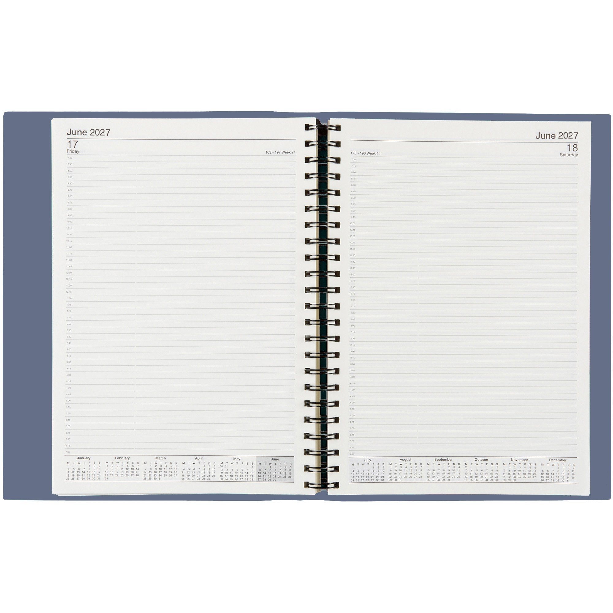 Cumberland Soho Diary 2027 A4 Day To A Page Jade Frost opened to show the printed day to a page interior pages and the dated planning grid.