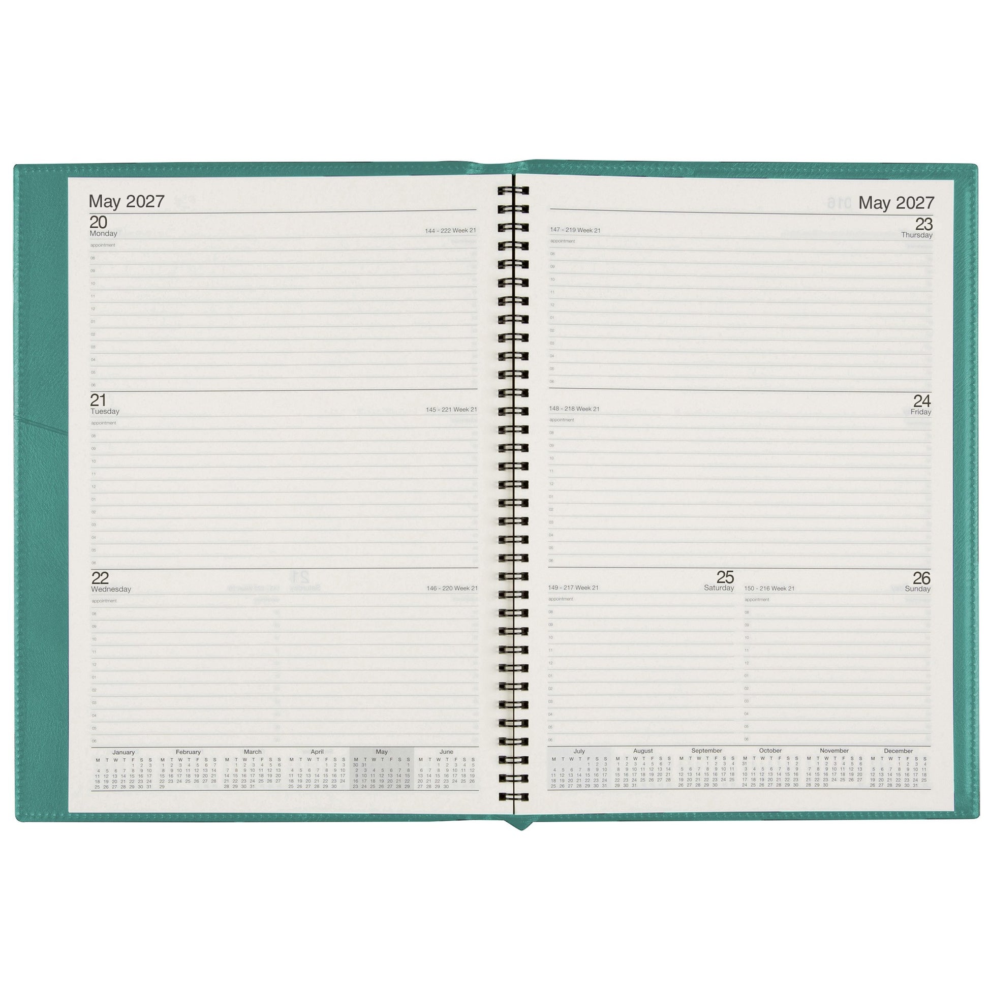Cumberland Soho Diary 2027 A4 Week To View Jade Frost opened to show the printed week to view interior pages and the dated planning grid.