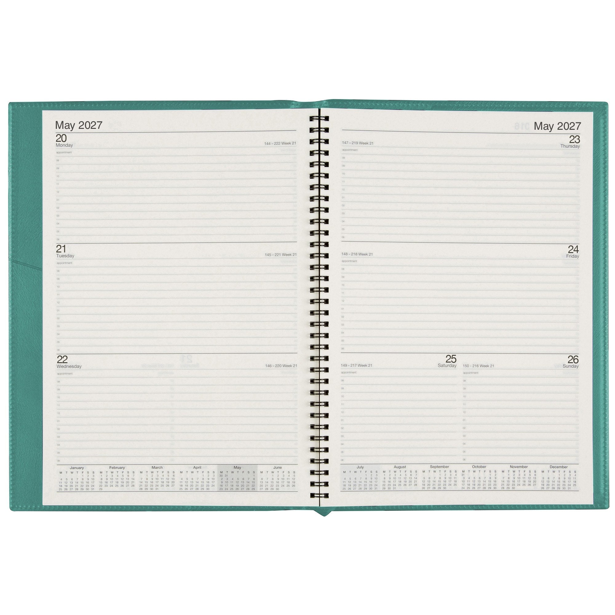 Cumberland Soho Diary 2027 A4 Week To View Jade Frost opened to show the printed week to view interior pages and the dated planning grid.