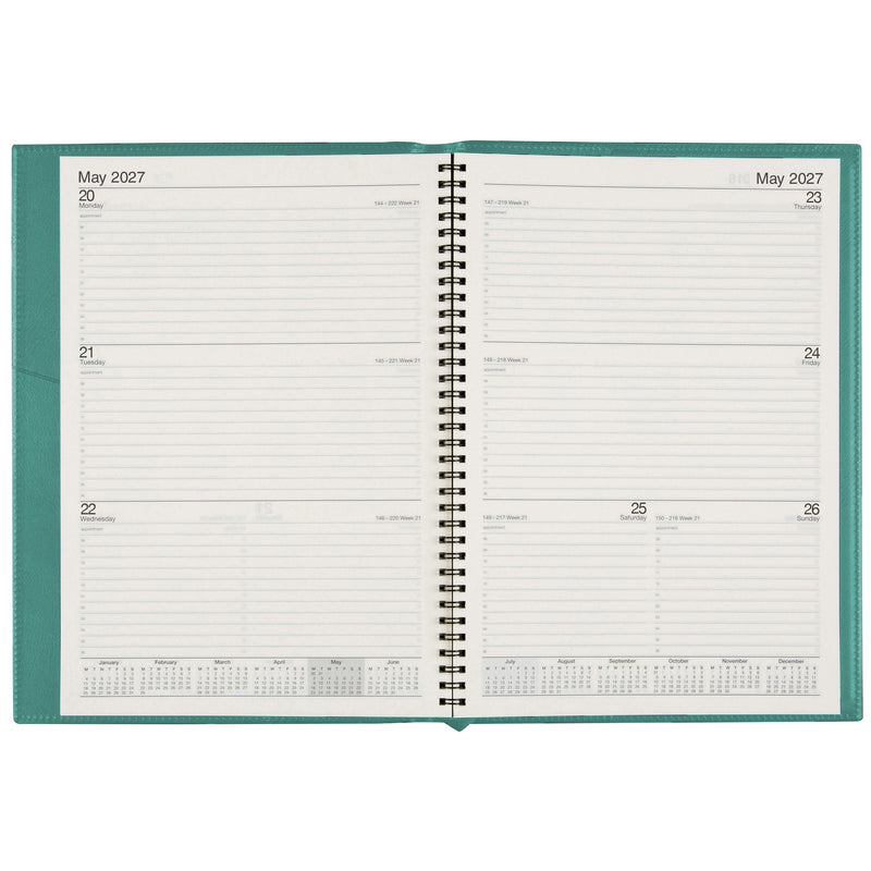 Cumberland Soho Diary 2027 A4 Week To View Jade Frost opened to show the printed week to view interior pages and the dated planning grid.