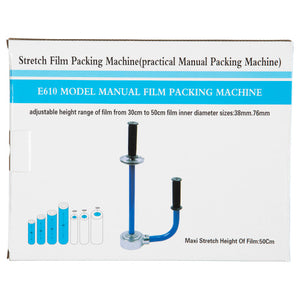 Retail carton for the Cumberland 7024 hand pallet wrap dispenser, printed Stretch Film Packing Machine and E610 Model Manual Film Packing Machine, with the adjustable film height range of 30cm to 50cm and film inner diameter sizes 38mm and 76mm shown on the front panel