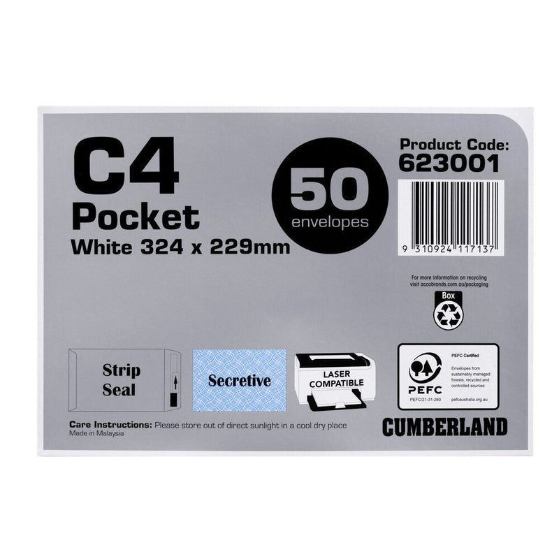 Cumberland Strip Seal Pocket Envelope C4 White Pack of 25-1