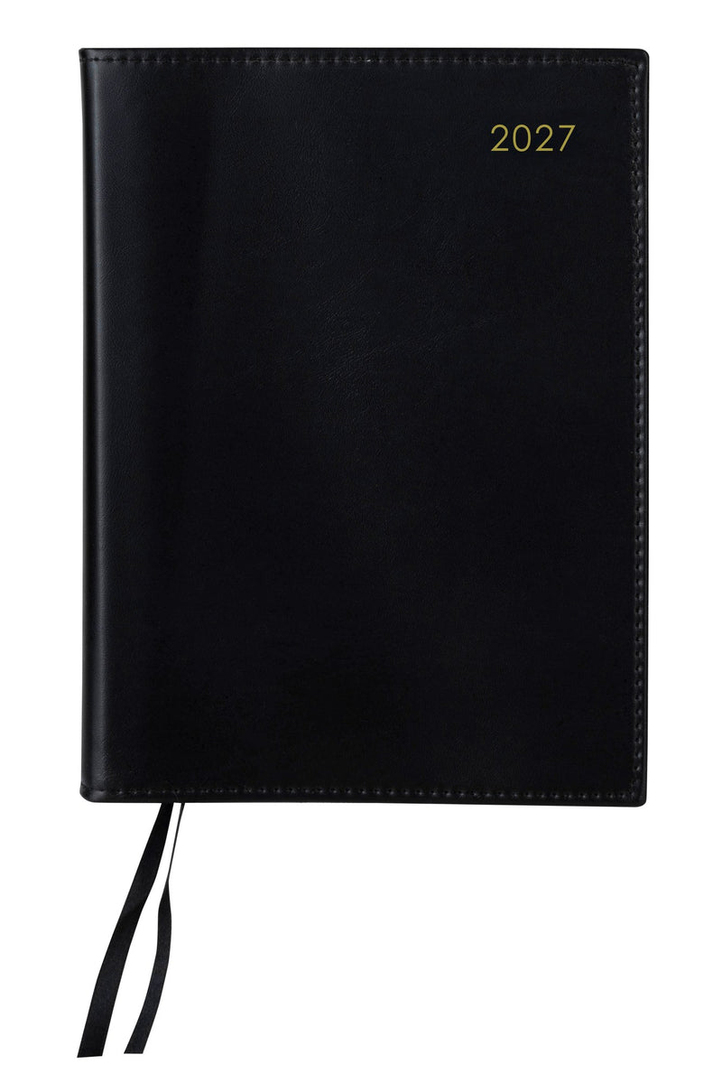 Cumberland Unbranded Wiro Diary 2027 A4 Day To A Page Black shown front on, the black cover, closed flat against a plain background.