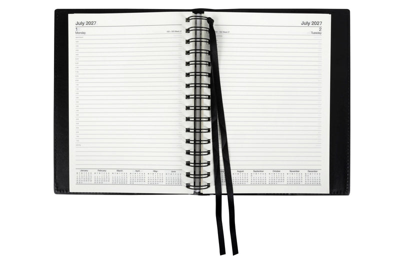 Cumberland Unbranded Wiro Diary 2027 A4 Day To A Page Black opened to show the printed day to a page interior pages and the dated planning grid.