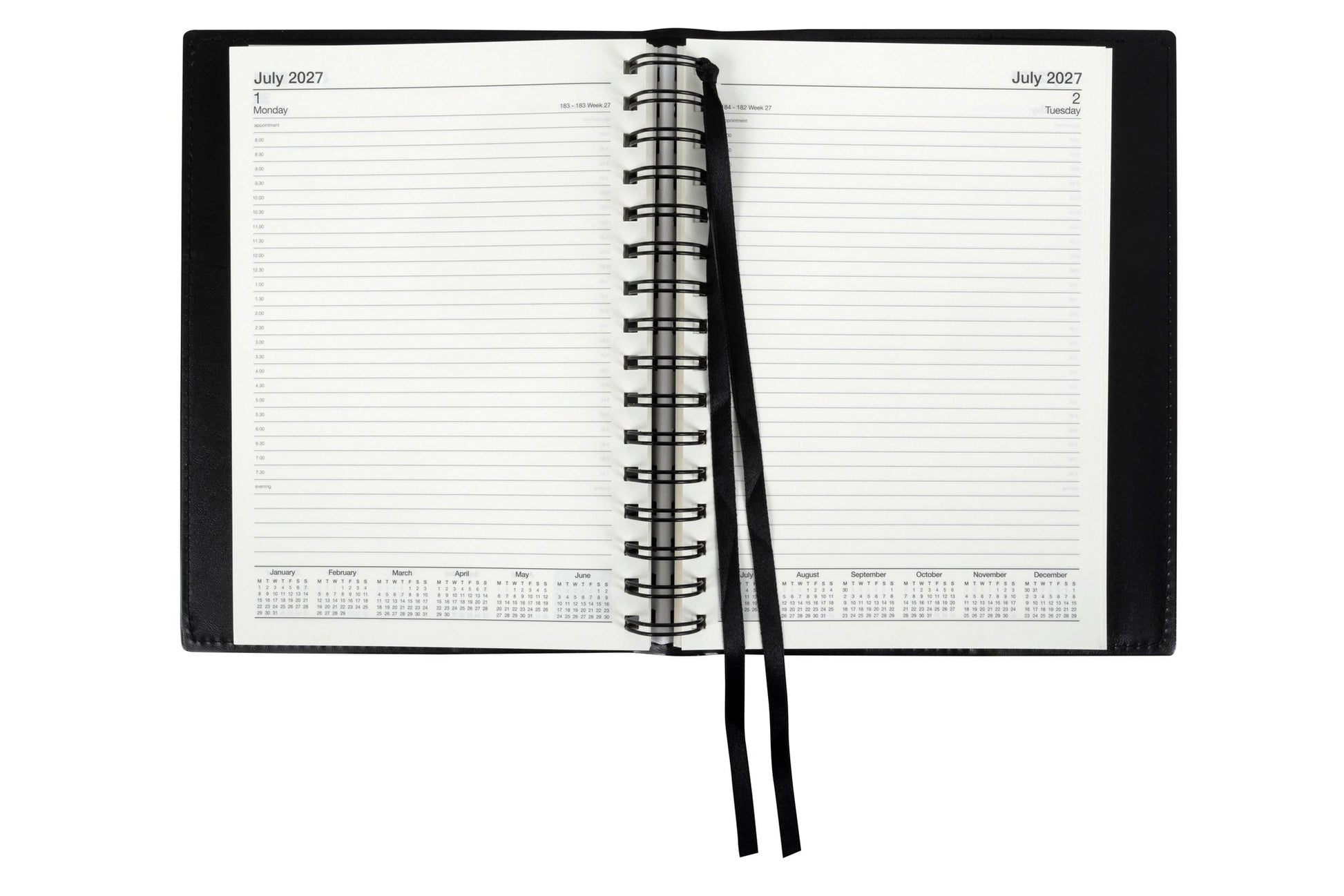 Cumberland Unbranded Wiro Diary 2027 A5 Day To A Page Black opened to show the printed day to a page interior pages and the dated planning grid.