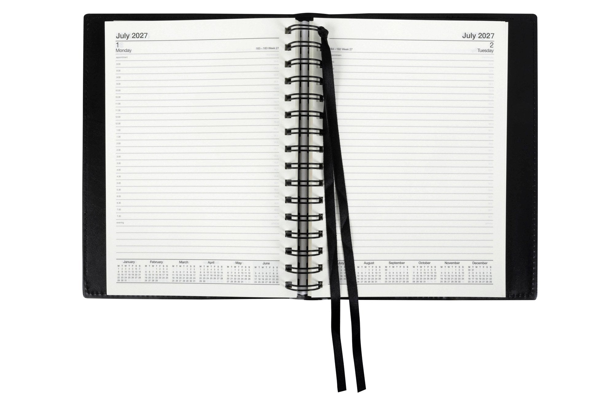 Cumberland Unbranded Wiro Diary 2027 A5 Day To A Page Black opened to show the printed day to a page interior pages and the dated planning grid.