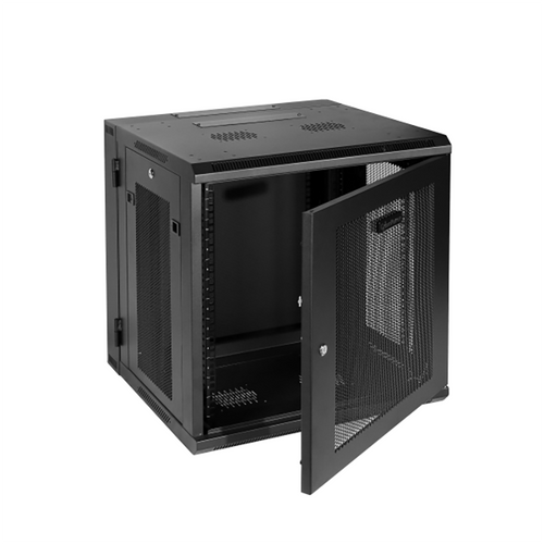 CyberPower 12U wall mount rack enclosure 600x600mm with swing-out front door open showing interior rack rails