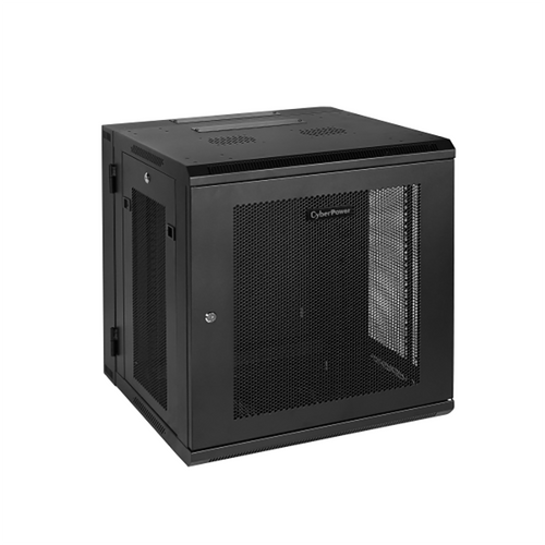 Rear view of CyberPower 12U wall mount rack enclosure showing hex-perforated rear door and cable routing slots