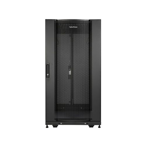 CyberPower 24U server rack enclosure showing split rear door and depth-adjustable mounting rails