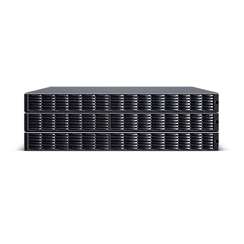 Side angle view of CyberPower 240VDC 75A Extended Battery Module revealing depth and rackmount rail slots