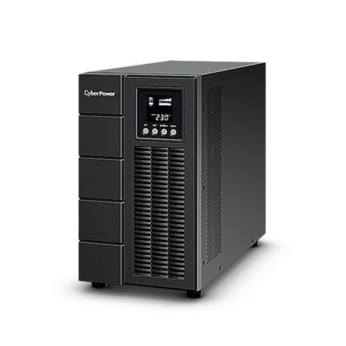 CyberPower OLS2000E 2000VA online double-conversion UPS front view showing LCD status display