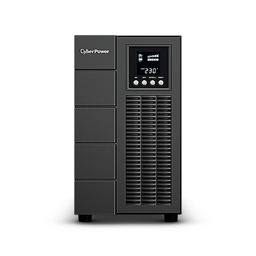 CyberPower OLS2000E UPS rear panel with outlet sockets, EPO port, and connectivity options