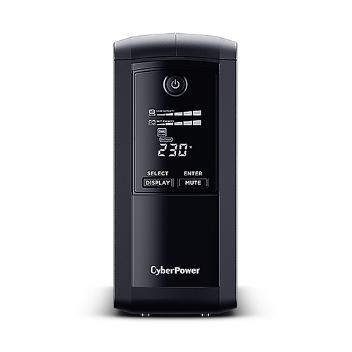 CyberPower VP1000ELCD battery backup unit showing LCD status panel and outlets