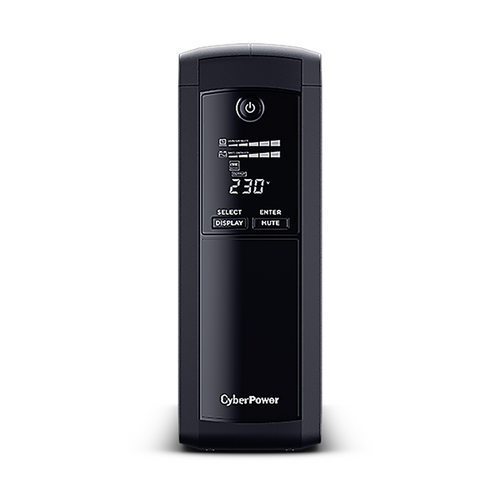 CyberPower VP1600ELCD UPS LCD status screen displaying power and battery conditions