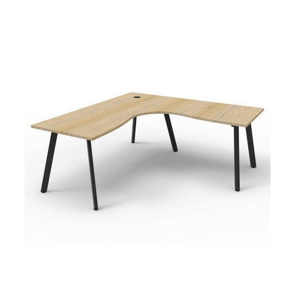 Rapidline Eternity standalone corner workstation with a Natural Oak top on Black Satin splayed legs, second angled view.