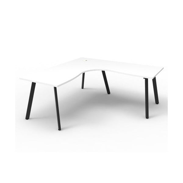 Rapidline Eternity standalone corner workstation with a Natural White top on Black Satin splayed legs, second angled view.