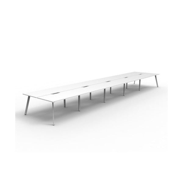 Rapidline Eternity back to back 10 person workstation in Natural White with a White Satin base, no screen, wide angled studio view on a white background