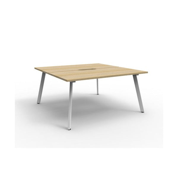 Studio image of the Rapidline Eternity back to back 2 person workstation in Natural Oak with a White Satin base, no screen, on a white background