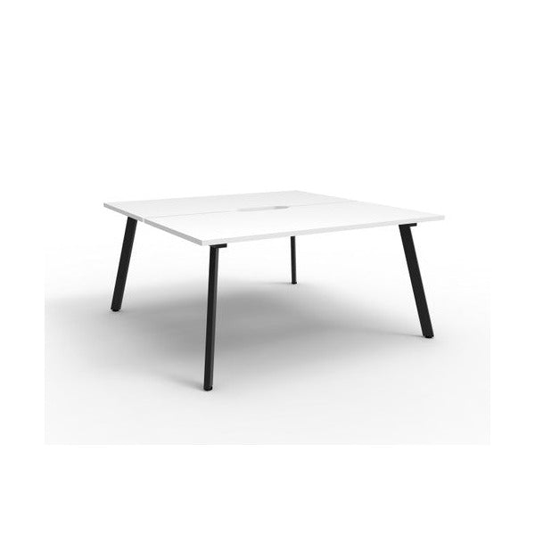 Studio image of the Rapidline Eternity back to back 2 person workstation in Natural White with a Black Satin base, no screen, on a white background
